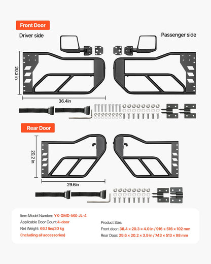 Jeep Tubdörrar, 4-dörrars, Jeep Tubdörrar i Adventure Style med DOT-certifierade backspeglar, Jeepdörrar med backspeglar för 2018-2024 Jeep Wrangler JL och 2020-2024 Jeep Gladiator JT