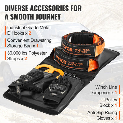 Off-Road Recovery Kit, 7.6 x 914.4 cm, Heavy Duty Winch Recovery Kit with 13,608 kg Tow Straps, 20,000 kg D-Ring Shackles, Shackle Receiver, Snatch Block Pulley, Gloves, Storage Bag for ATV Jeep Truck