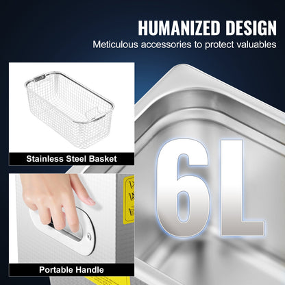 Professional Ultrasonic Cleaner, 6 L Ultrasonic Jewelry Cleaner with Digital Timer & Heater, Stainless Steel Industrial Sonic Cleaner 40kHz for Glasses, Watches, Rings, Small Parts