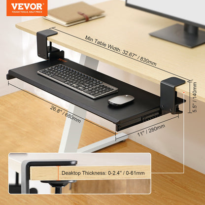 Clamp on Keyboard Tray Under Desk, Desk Keyboard Tray Slide out with Sturdy No-drill C Clamp Mount, Large 26.8 x 11 inch Slide-out Computer Drawer for Typing in Home, Office Work