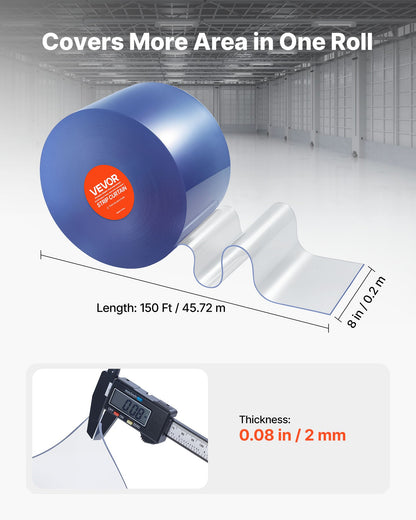 Klar PVC-listgardin, 45,7 m längd x 20 cm bredd, plastdörrlist i bulk, kylgardinremsor för inbyggda frysar, för dörröppningar till stormarknader, garage, lager, lador, husdjurshus