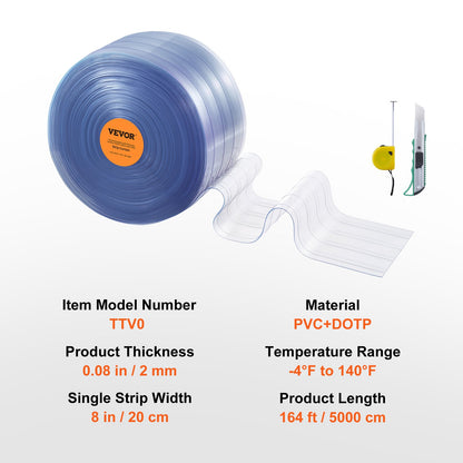 Gardinremsa, 41 m längd x 20 cm bredd x 1,2 cm tjocklek, genomskinlig ribbad PVC-gardinremsa i bulk, dörrlister av plast för dörröppningar till stormarknader, garage, lager, lador, husdjurshus