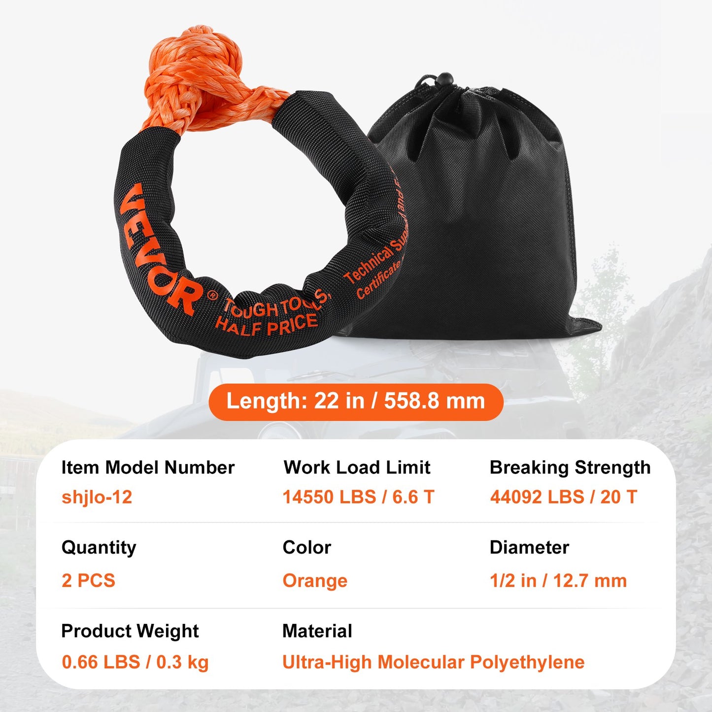 Soft Shackle Synthetic Recovery Rope 2PCS 1.3x56 cm 20 Ton Break Strength