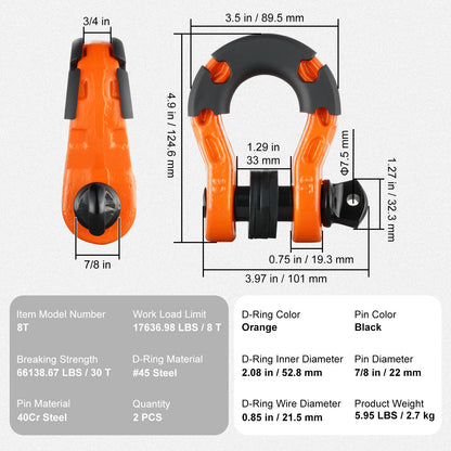 3/4" D-ringsschackel, 2-pack schacklar i legerat stål, 30 ton brottstyrka med 7/8" skruvstift, isolatorer och brickor, kraftig terrängbärgningsschackel för jeep, orange