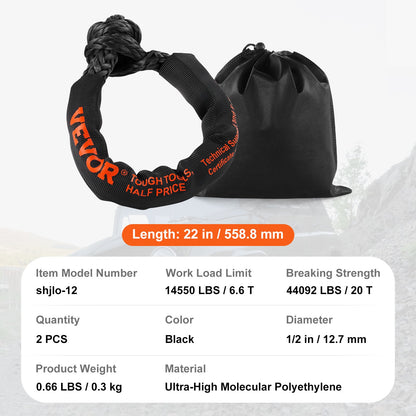 Soft Shackle Synthetic Recovery Rope 2PCS 1.3x56 cm 20 Ton Break Strength