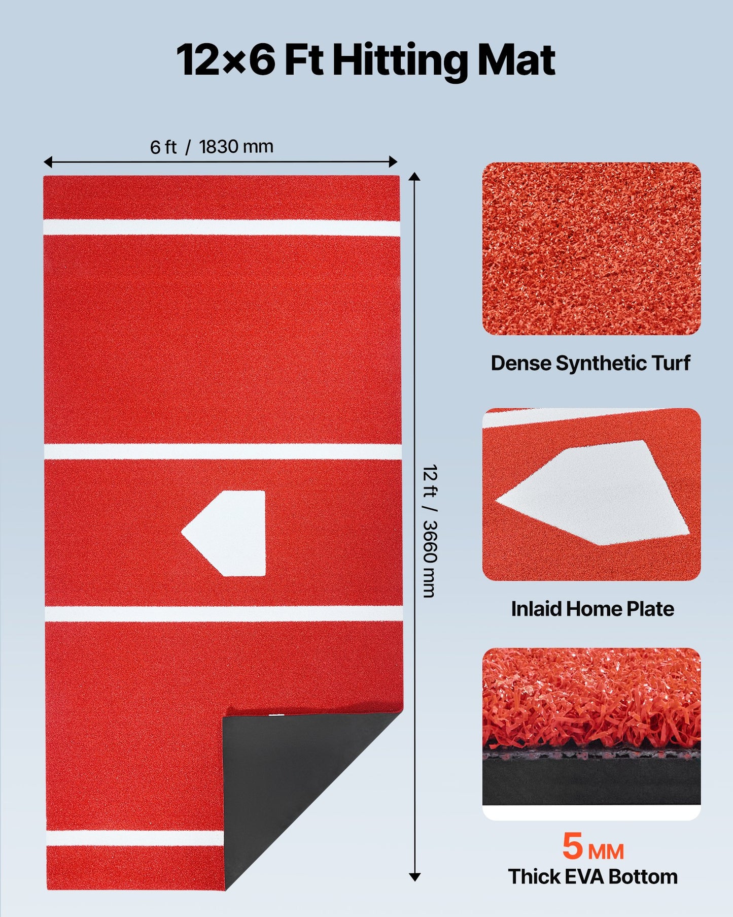 Baseball Hitting Mat, 366x183cm Batting Cage Mat, Batters Box Turf Mats, Softball Batting Practice Equipment with Home Plate and Anti Fade Turf, Portable Training Aid for Indoor Outdoor, Red