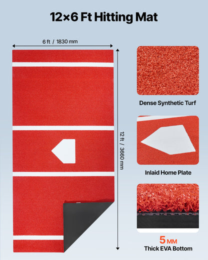 Baseball Hitting Mat, 366x183cm Batting Cage Mat, Batters Box Turf Mats, Softball Batting Practice Equipment with Home Plate and Anti Fade Turf, Portable Training Aid for Indoor Outdoor, Red