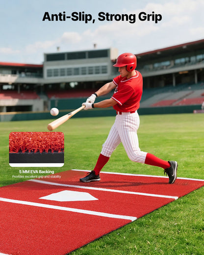 Baseball Hitting Mat, 366x183cm Batting Cage Mat, Batters Box Turf Mats, Softball Batting Practice Equipment with Home Plate and Anti Fade Turf, Portable Training Aid for Indoor Outdoor, Red