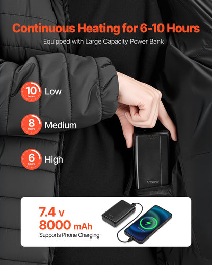 Värmejacka för män med 7,4 V-batteri, mjuk elektrisk värmejacka, vindtäta lätta ytterkläder med 6 värmezoner och 3 värmeinställningar för vandring, utomhusarbete, svart
