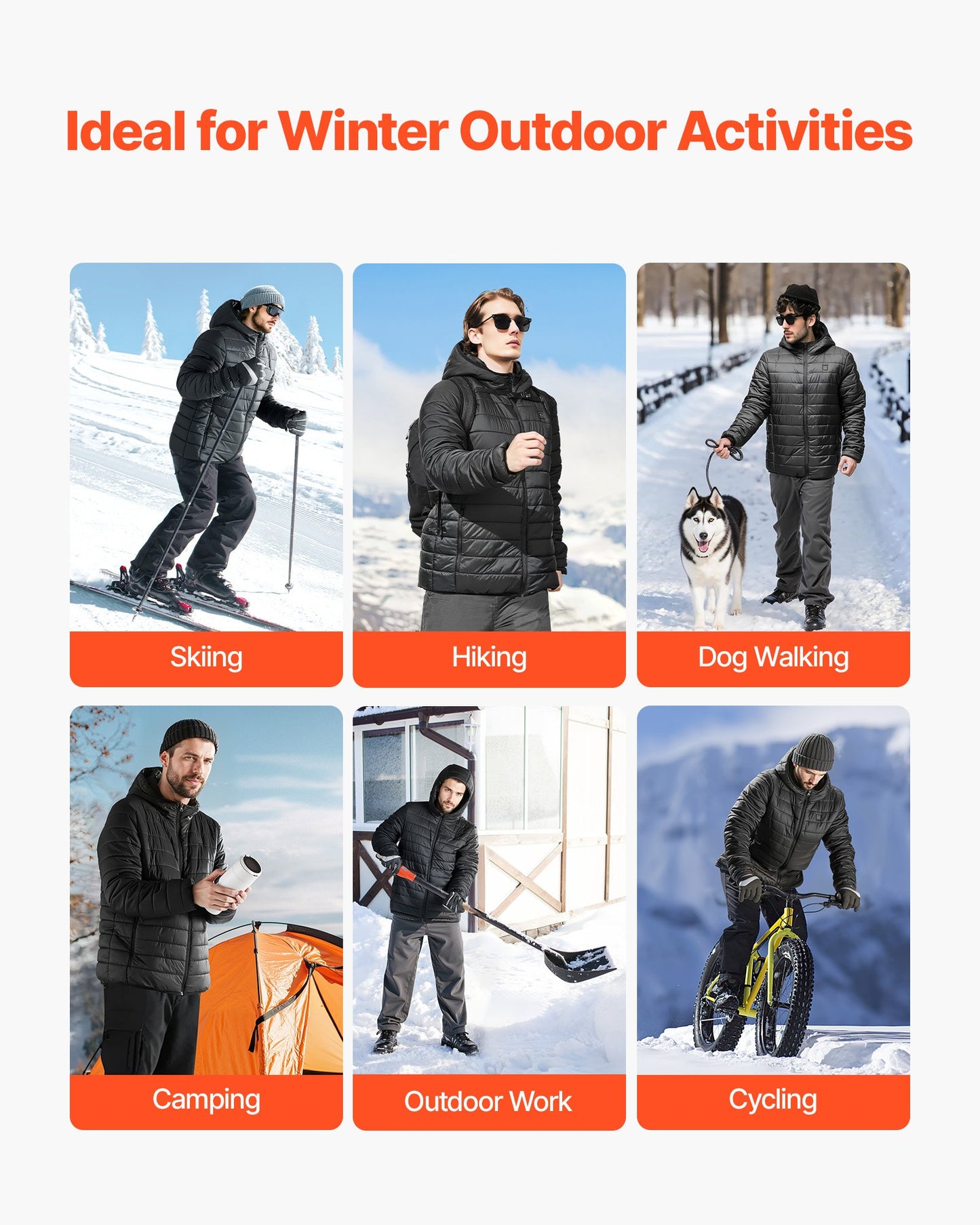 Värmejacka för kvinnor med 7,4 V-batteri, mjuk elektrisk värmejacka, vindtäta lätta ytterkläder med 4 värmezoner och 3 värmeinställningar, för vandring, utomhusarbete, svart