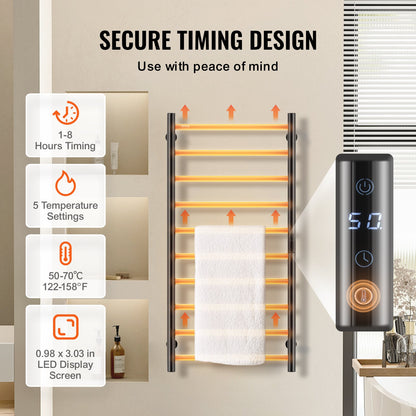 Handduksvärmare med 10 stänger, väggmonterad handduksvärmare för badrum, IPX5 vattentät handduksvärmare med timer och LED-skärm, handduksvärmare med 5 justerbara temperaturer, svart