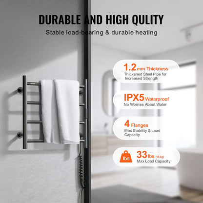 4 Bars Towel Warmer Rack, Wall Mounted Heated Towel Rack for Bathroom, IPX5 Waterpoof Towel Heater Rack with Timer & LED Display Screen, 5 Levels Adjustable Temperature Towel Heater, Black