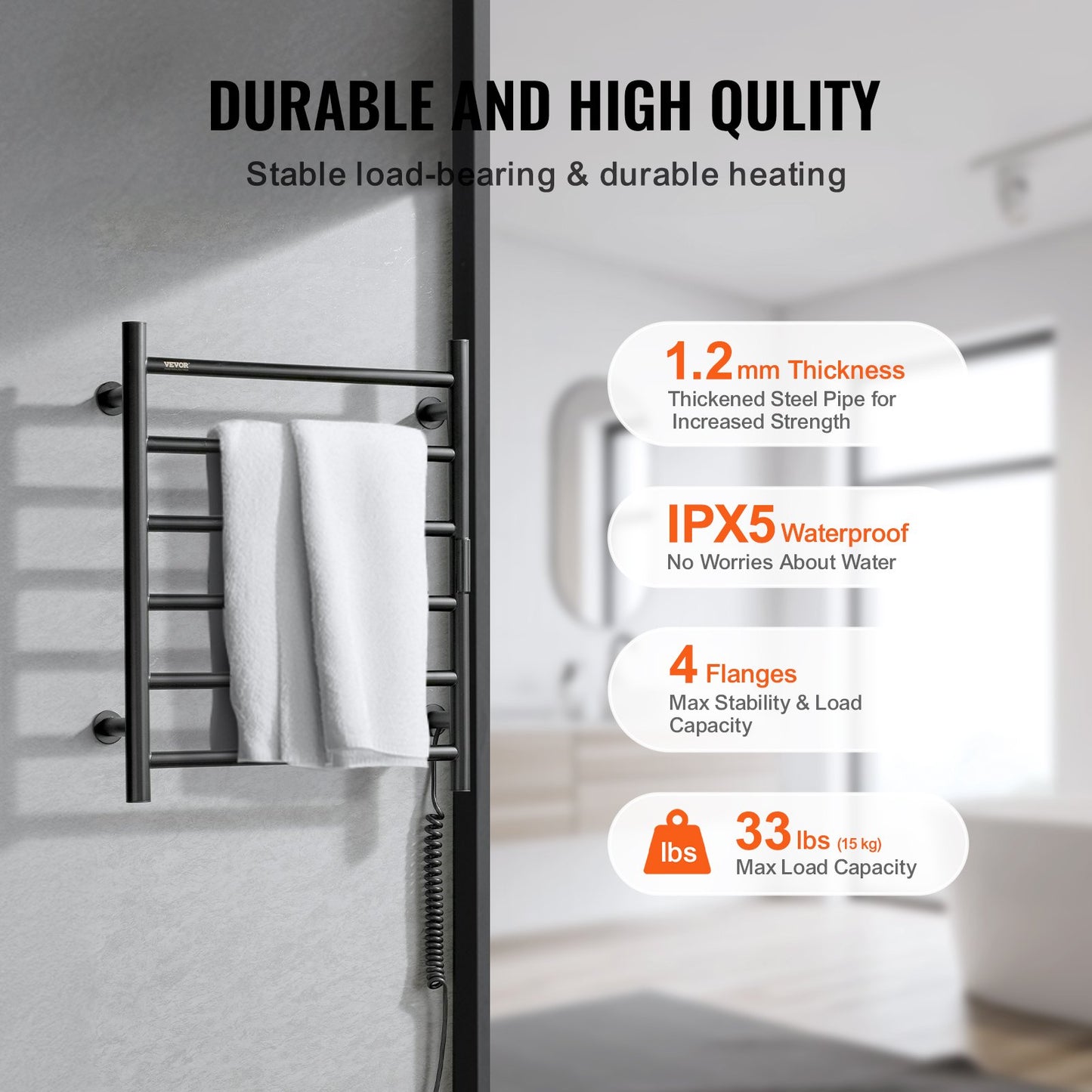 Handduksvärmare med 6 stänger, väggmonterad handduksvärmare för badrum, IPX5 vattentät handduksvärmare med timer och LED-skärm, handduksvärmare med 5 justerbara temperaturer, svart