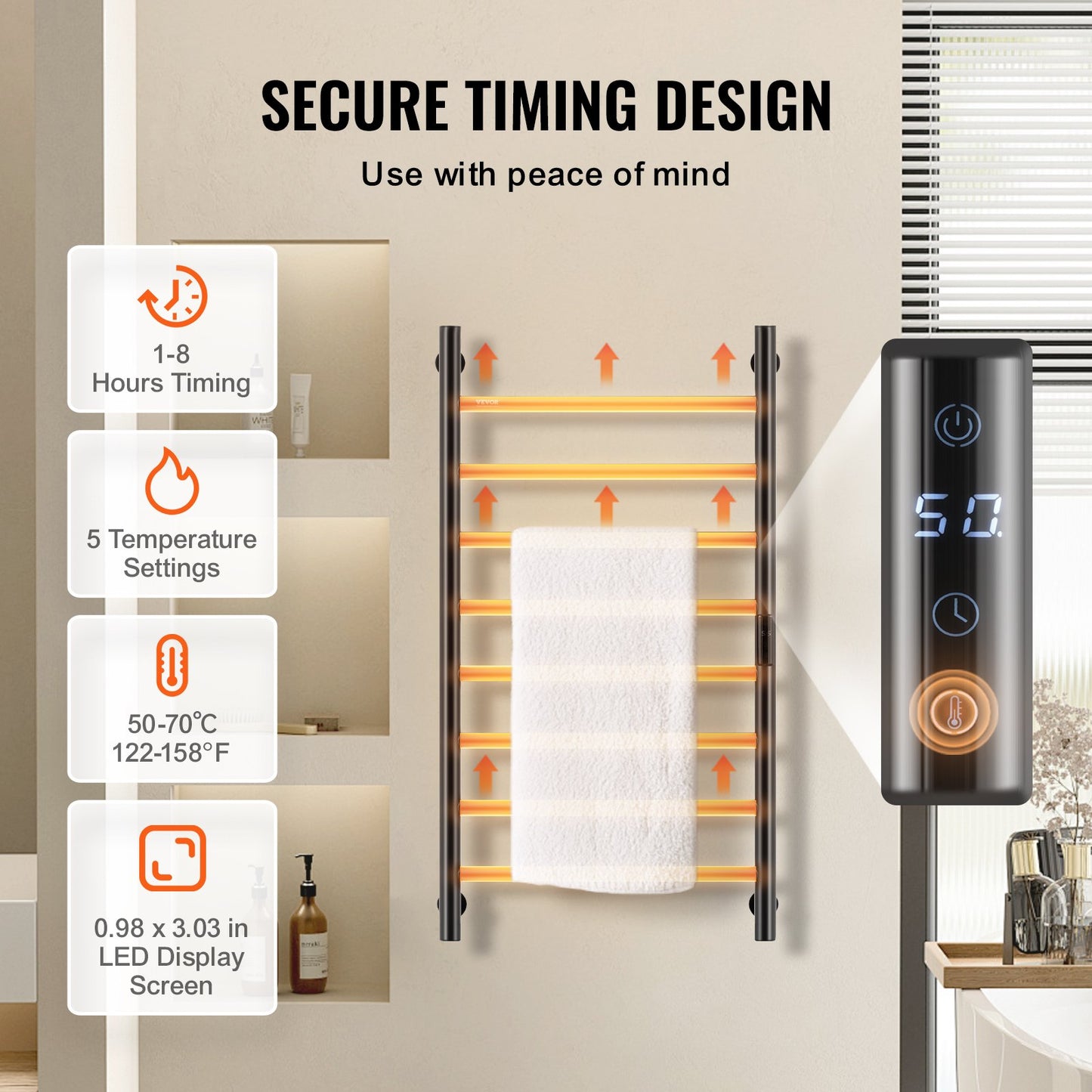 Handduksvärmare med 8 stänger, väggmonterad handduksvärmare för badrum, IPX5 vattentät handduksvärmare med timer och LED-skärm, handduksvärmare med 5 justerbara temperaturer, svart