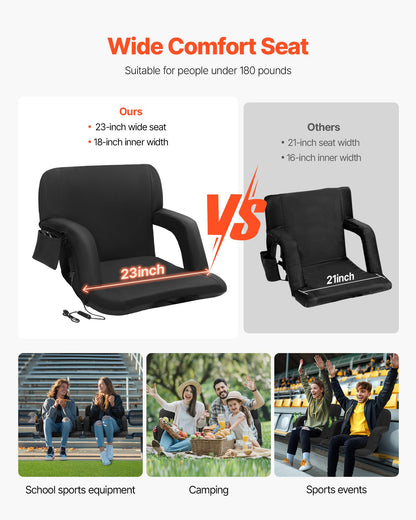 Double Heated Stadium Seat with Back Support, 3 Level Heating Wide Bleacher Seat, Folding Portable Padded Reclining Chair with Hook Pocket Cupholder, Ideal for Sport Event Beach Concert (2 Set)