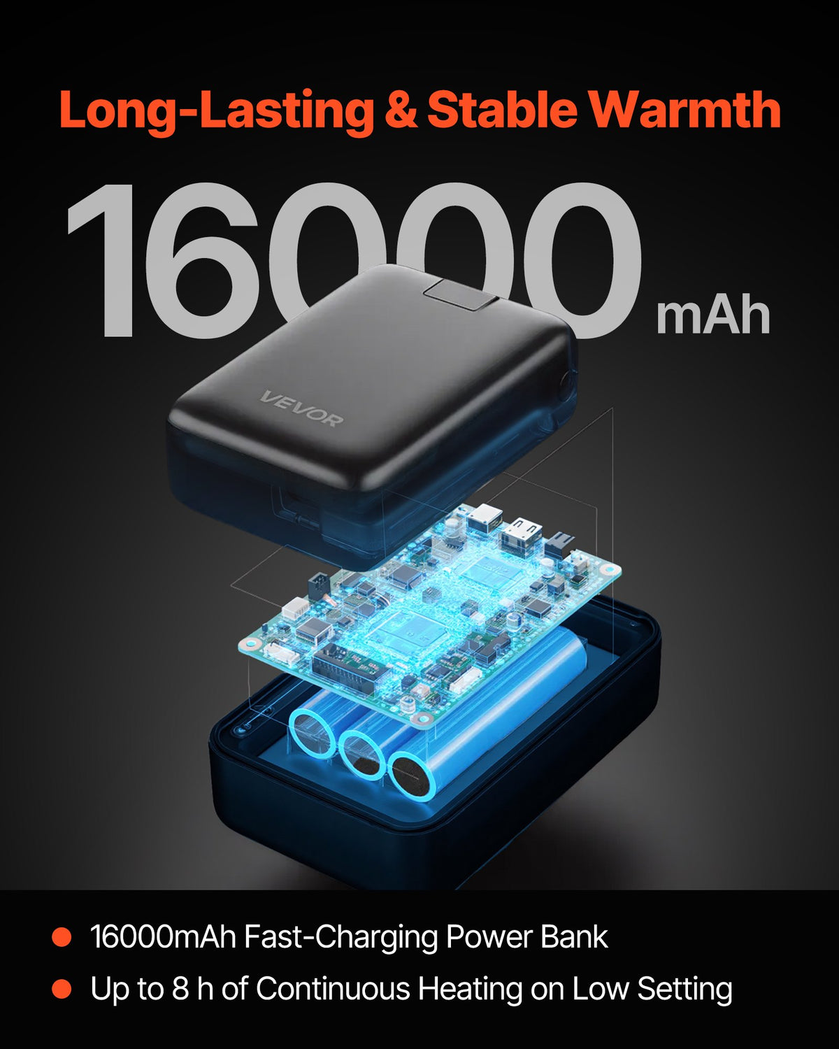 Heated Jacket Hoodie for Men Women, Heated Sweatshirt Unisex Full-Zip with 7.4V 16000mAh Power Bank Pack, 5 Heating Zones, 3 Temp Levels, 4-8H Warmth, for Winter Outdoor Camping, Black