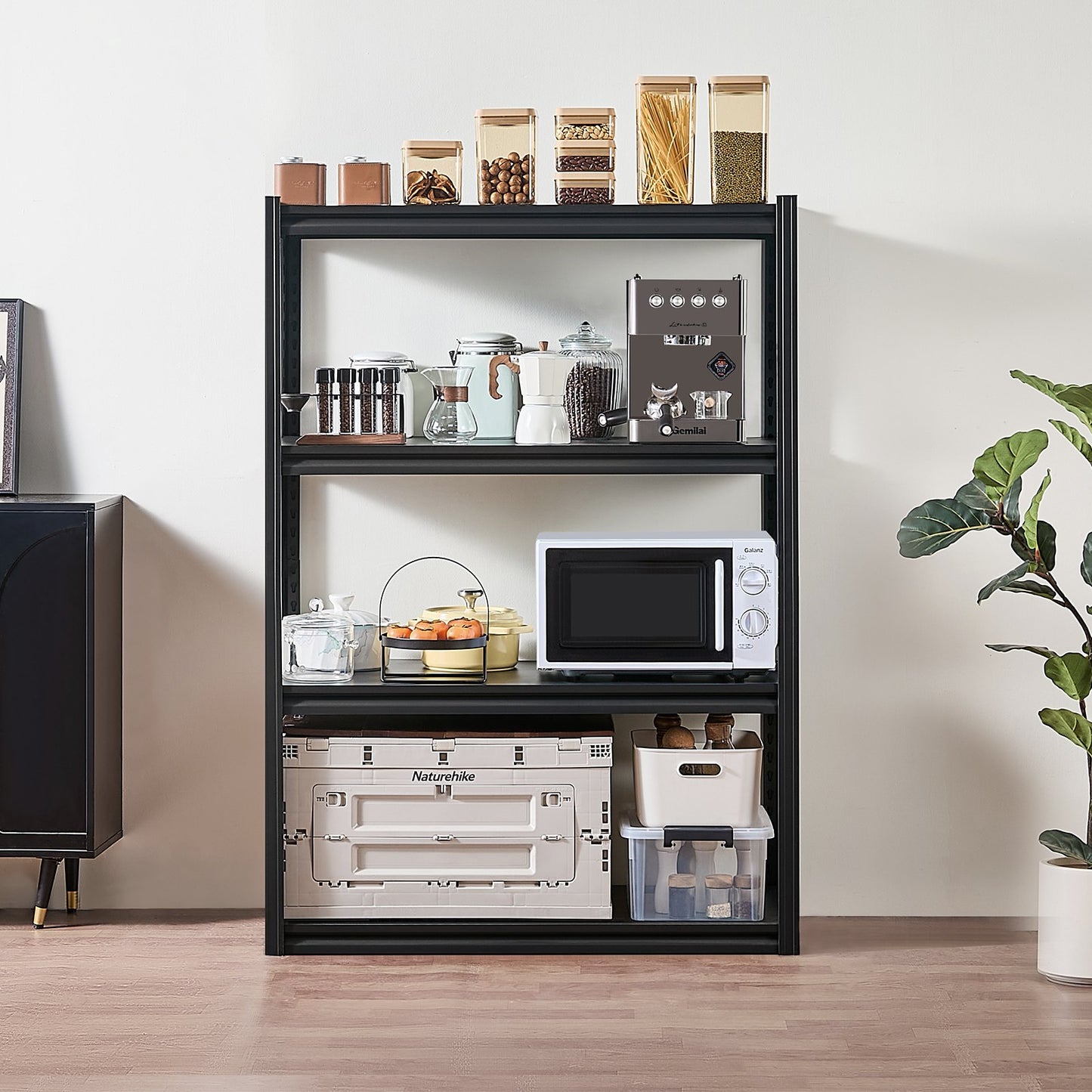 Förvaringshyllor, 2400 lbs, 4-vånings garageförvaringshylla, 20" D x 40" B x 57" H Justerbara metallhyllor för garagehyllor Verktygshylla, Perfekt för kök, lager, källare, Svart