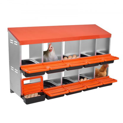 2 Tiers Chicken Nesting Boxes, 10 Compartments, Metal Egg Laying Boxes with Protective Collection Lids, Roll Out Nesting Box, Easy to Assemble, Ideal for Hens, Ducks, Chickens, and Other Poultry