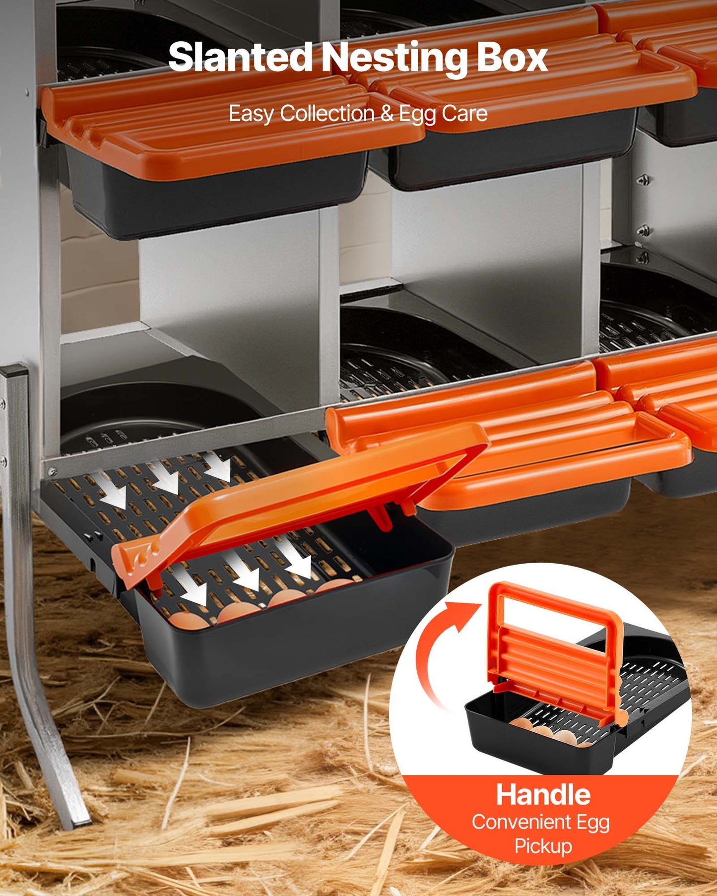 Chicken Nesting Boxes, 10 Compartments, with Support Legs, Easy Egg Collection, Galvanized Steel and High-Strength Plastic, Roll Away Nesting Boxes for Chickens and Hens Laying Eggs, Orange