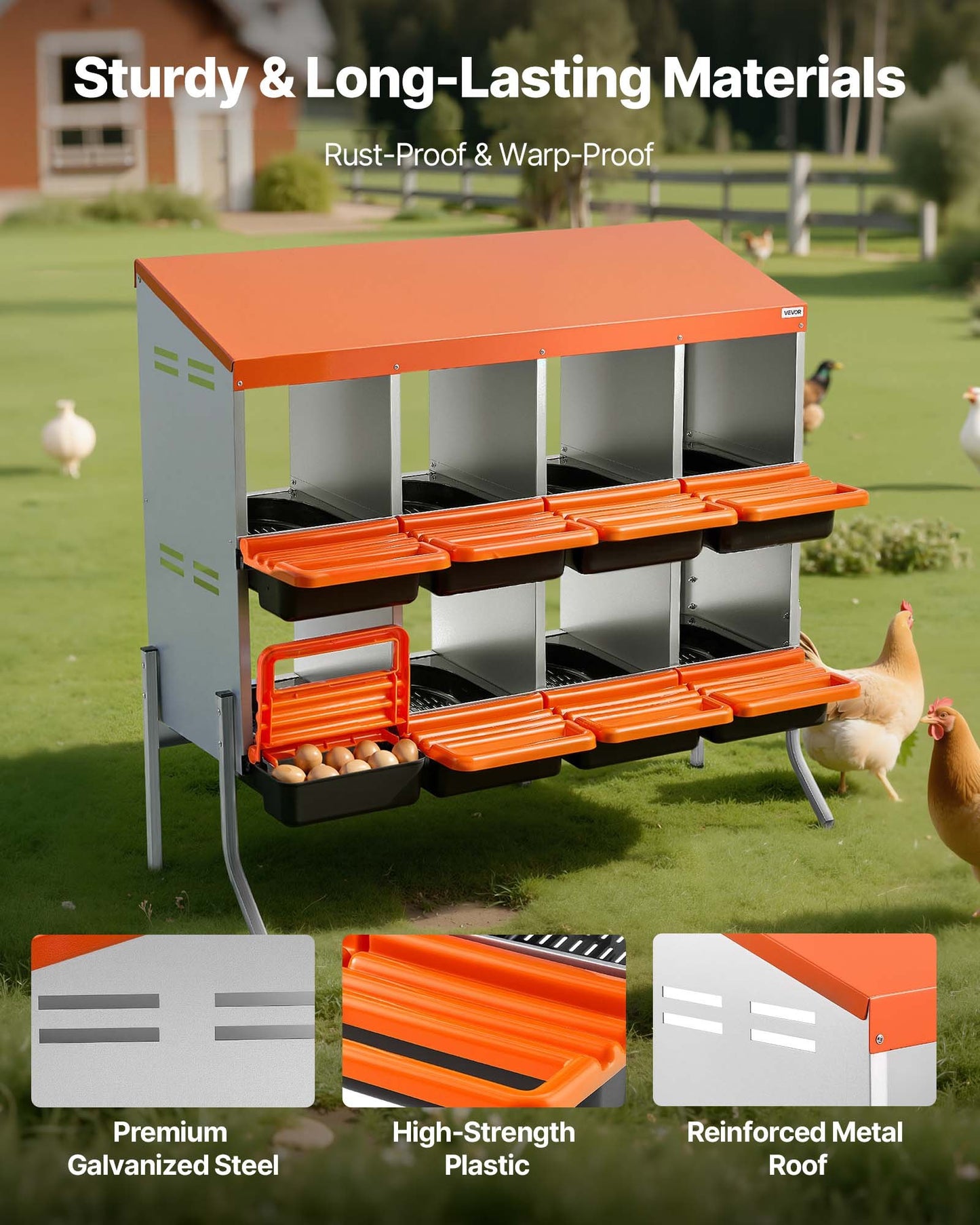 Chicken Nesting Boxes, 8 Compartments, with Support Legs, Easy Egg Collection, Galvanized Steel and High-Strength Plastic, Roll Away Nesting Boxes for Chickens and Hens Laying Eggs, Orange