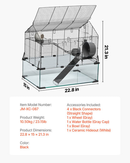 Hamster Cage, 360° Viewing Transparent Hamster Habitats, Small Animal Cage, 22.8 x 15 x 21.3 in, Ventilated Pet Mouse Cages with Water Bottle, Portable Hamster House for Rats, Guinea Pigs