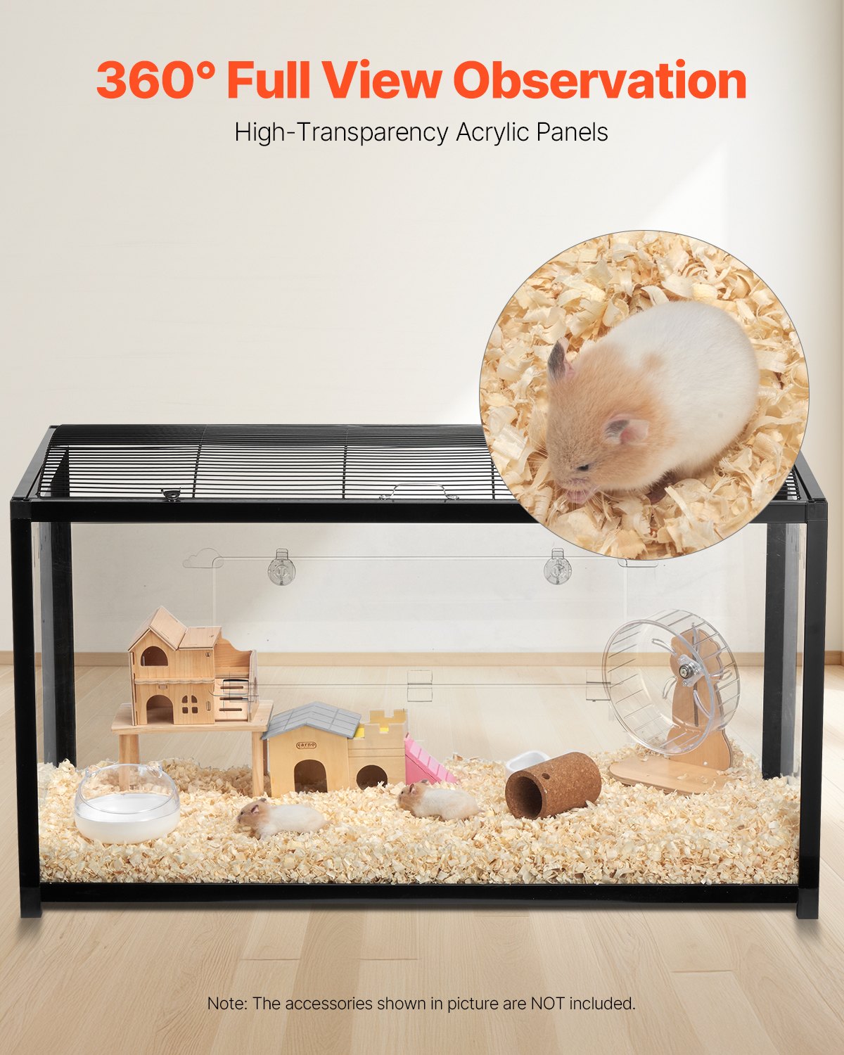 Hamsterbur, 360° visning, transparenta hamstermiljöer, smådjursbur, 91 x 46 x 59 cm, ventilerade musburar med ytterdörr, bärbart hamsterhus för råttor, marsvin