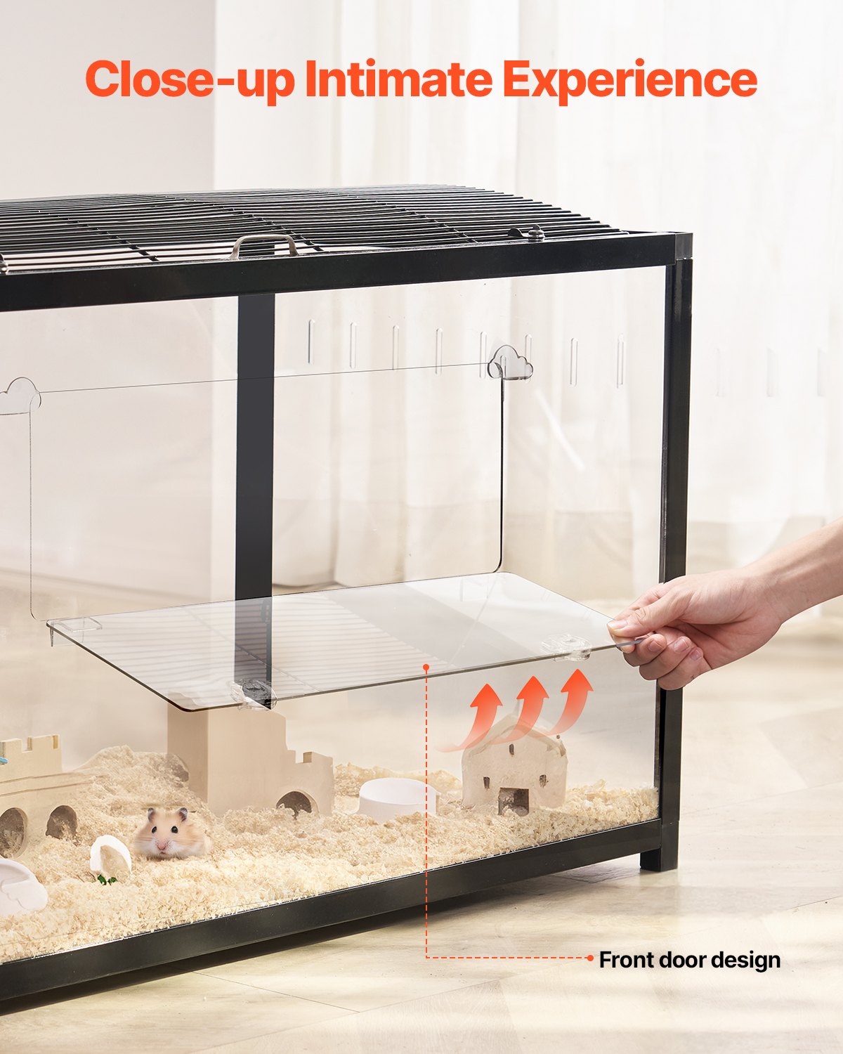 Hamsterbur, 360° visning, transparenta hamstermiljöer, smådjursbur, 91 x 46 x 59 cm, ventilerade musburar med ytterdörr, bärbart hamsterhus för råttor, marsvin