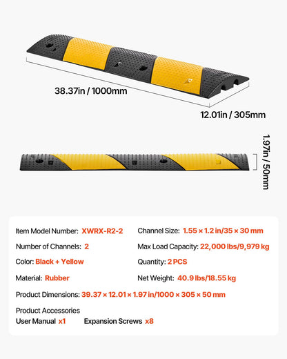 1000 mm farthinder i gummi, 2-pack, 2-kanals farthinder i kraftigt material, 9 979 kg/axellastkapacitet, vajerskyddsramp med expansionsskruvar, för asfaltbetong, grusuppfart och väg