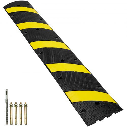 Rubber Speed Hump 183 x 30 x 4.5 cm, 2 Channel, 10000 kg Load Capacity Heavy Duty Traffic Speed Bump, with High Reflective Yellow Strip 4 Expansion Screws and 1 Drill, for Asphalt Concrete Gravel Roads