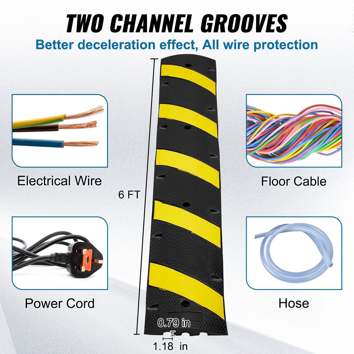 Rubber Speed Hump 183 x 30 x 4.5 cm, 2 Channel, 10000 kg Load Capacity Heavy Duty Traffic Speed Bump, with High Reflective Yellow Strip 4 Expansion Screws and 1 Drill, for Asphalt Concrete Gravel Roads