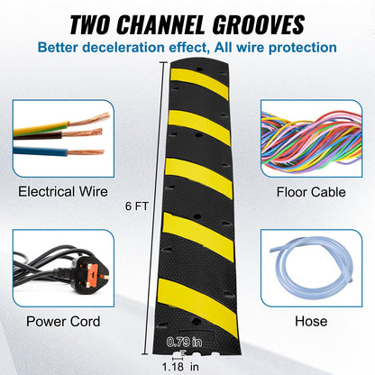 Rubber Speed Hump 183 x 30 x 4.5 cm, 2 Channel, 10000 kg Load Capacity Heavy Duty Traffic Speed Bump, with High Reflective Yellow Strip 4 Expansion Screws and 1 Drill, for Asphalt Concrete Gravel Roads