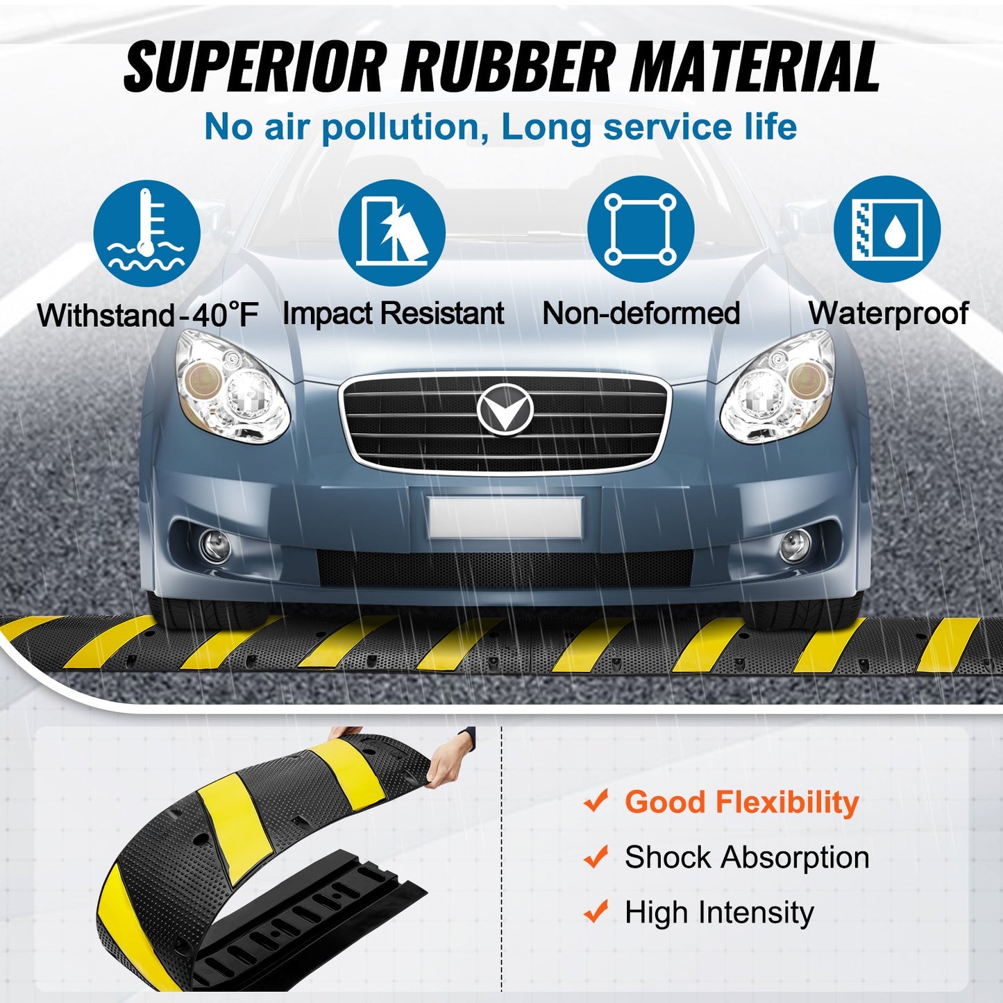 2PCs Rubber Speed Hump 183 x 30 x 4.5 cm, 2 Channel, 100000 kg Capacity Heavy Duty Traffic Speed Bump, with High Reflective Yellow Strip 8 Expansion Screws and 1 Drill, for Asphalt Concrete Gravel Roads