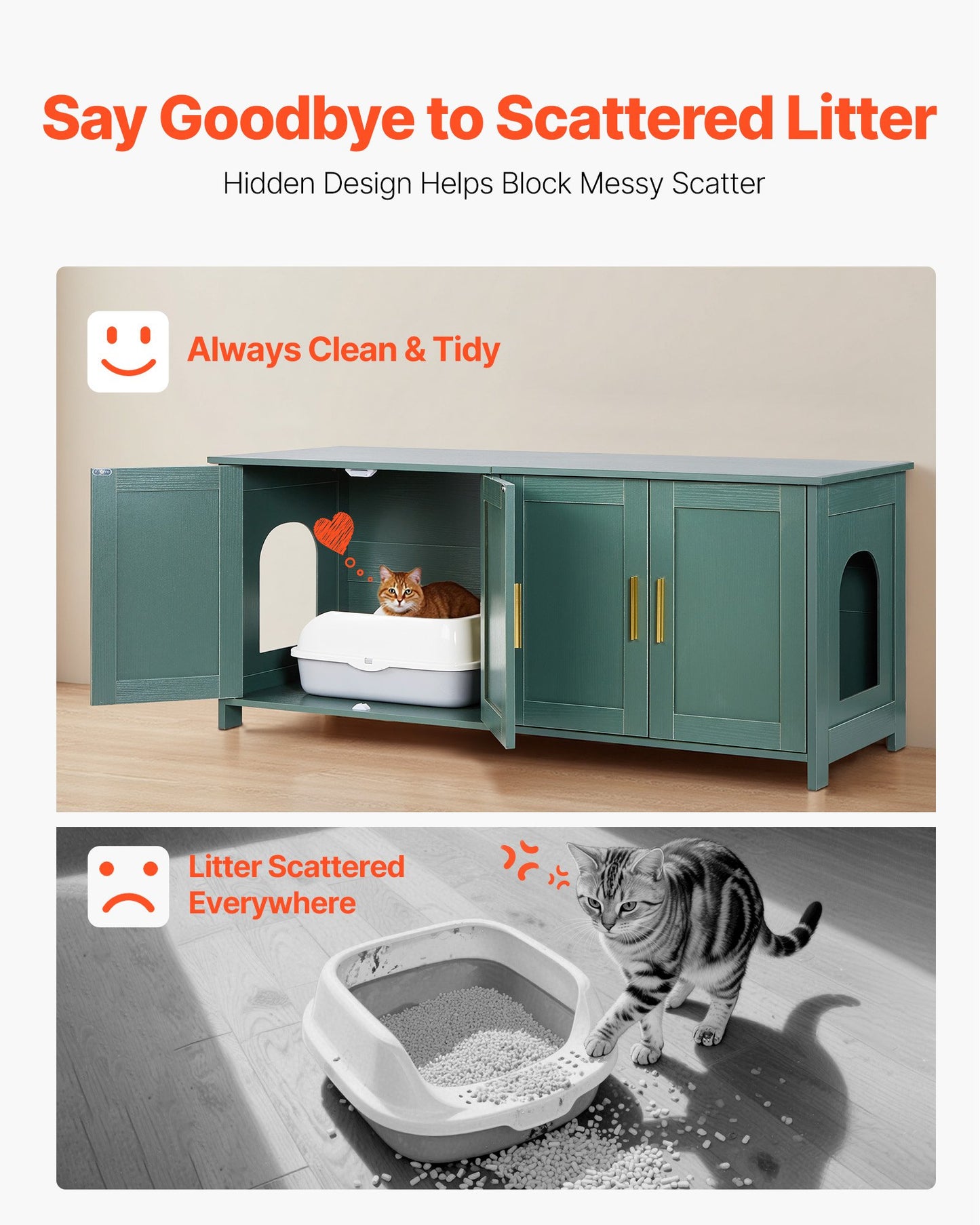 Cat Litter Box Enclosure for Multi Cats, 120cm Hidden Litter Box Cabinet with 4 Doors & 2 Entries, Indoor Cat Washroom, Wooden Kitty House Furniture Side Table, Fit Most Litterboxes, Green