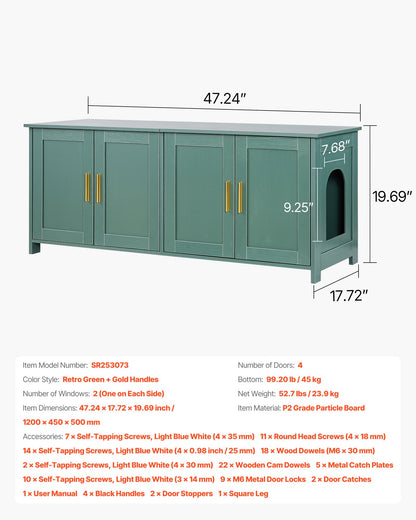 Cat Litter Box Enclosure for Multi Cats, 120cm Hidden Litter Box Cabinet with 4 Doors & 2 Entries, Indoor Cat Washroom, Wooden Kitty House Furniture Side Table, Fit Most Litterboxes, Green