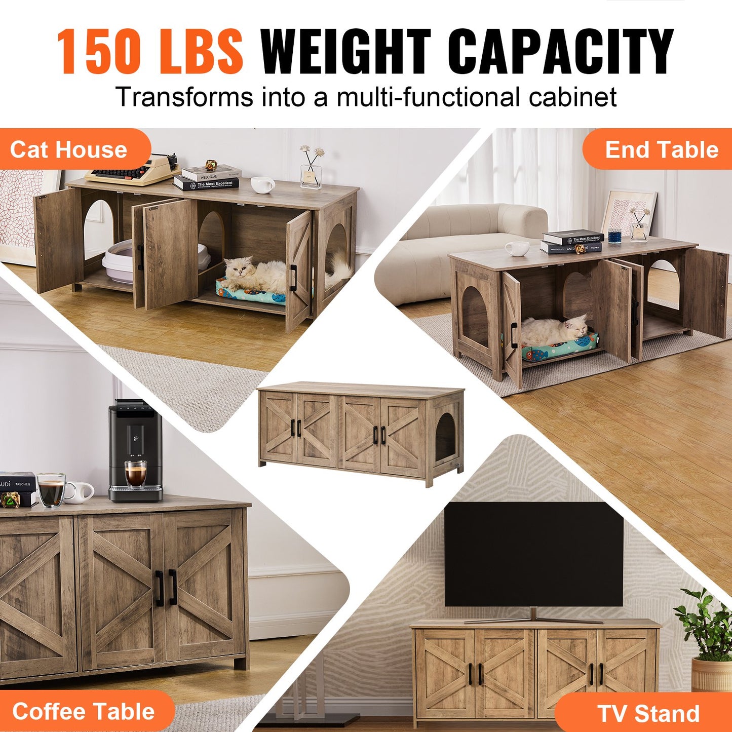 Kattlåda för 2 katter, dold kattlåda med dubbla rum, kattlåda i trä som passar de flesta av kattlådan, 122 cm L x 46 cm B x 49 cm H, grå