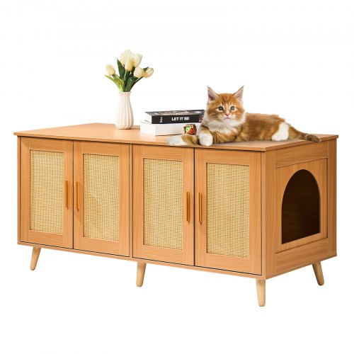 Cat Litter Box Enclosure for 2 Cats, Litter Box Furniture Hidden with Rattan Decorated Doors, Wooden Cat Box Cabinet Fit Most of Litter Box, 47.2"L x 19.7"W x 21.7"H, Natural