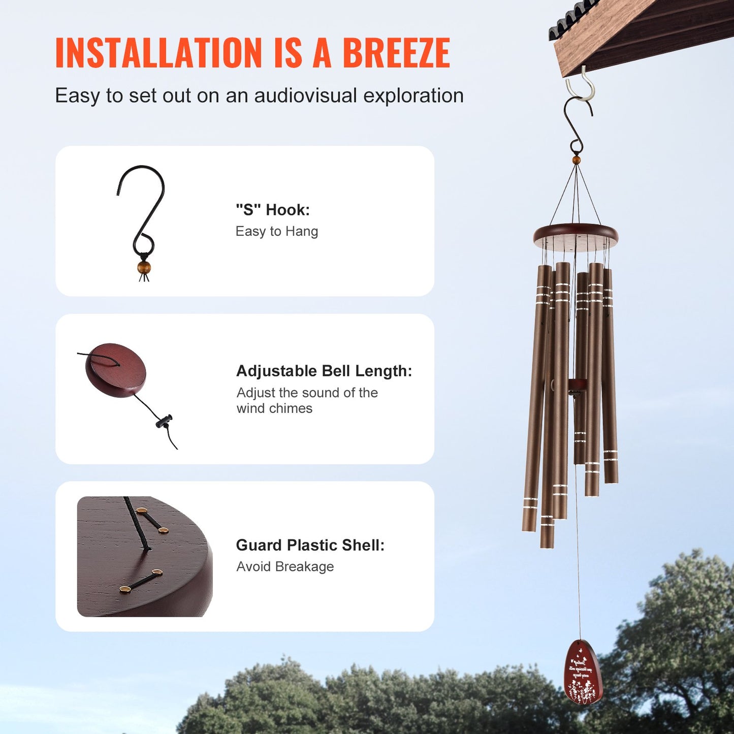 Wind Chimes for Outside, 1067 mm, Deep Tone Wind Chimes with 6 Tubes, Unique Large Memorial Wind Chimes for Anniversary, Grace Outdoor Decor for Your Patio, Porch, Garden & Backyard, Dark Brown