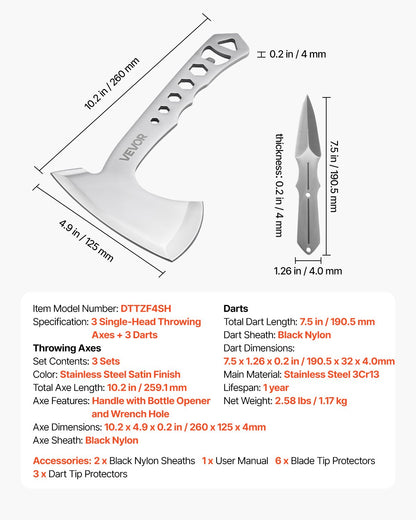 Kastyxor och tomahawker, 3-pack yxyxor och 3-pack knivar, kastprodukter, handtag med skiftnyckel och flasköppnare, rostfritt stål, svart nylonslida, för tävlingar i fritiden