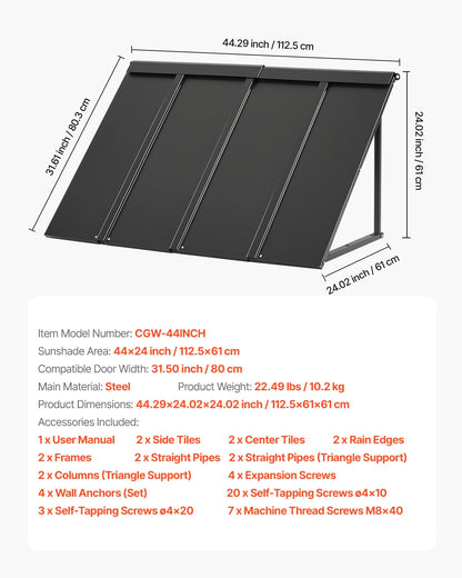 Fast metallmarkis 44 x 24 tum, fönstermarkis, dörrtak, stabil triangelmarkis med stålram för dörrar, utvändigt regn- och snöskydd för dörringång, fönster, verandor, balkonger