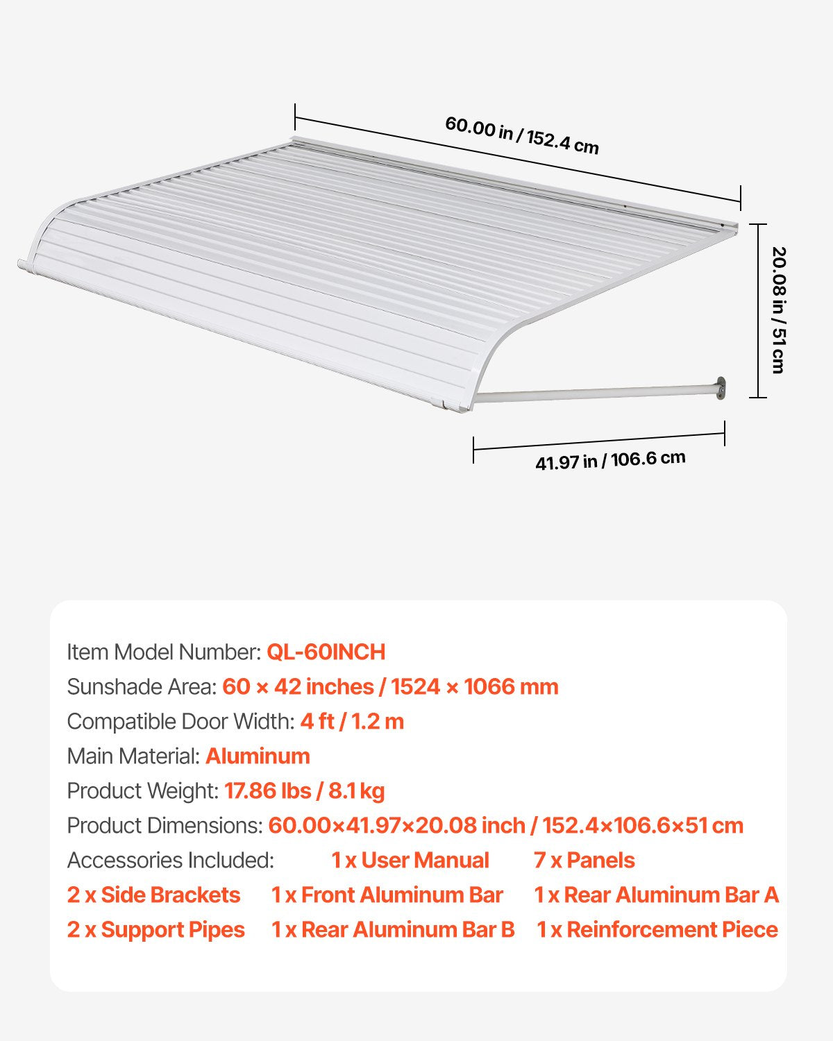 Aluminiummarkis 60 x 42 tum, hållbar fönstermarkis dörrtak, lätt och stabil aluminiummarkis för dörrar utvändigt regn snö solljusskydd för dörr entréfönster uteplats veranda