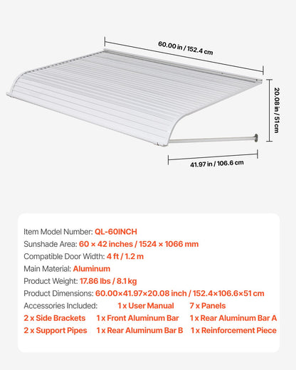 Aluminiummarkis 60 x 42 tum, hållbar fönstermarkis dörrtak, lätt och stabil aluminiummarkis för dörrar utvändigt regn snö solljusskydd för dörr entréfönster uteplats veranda