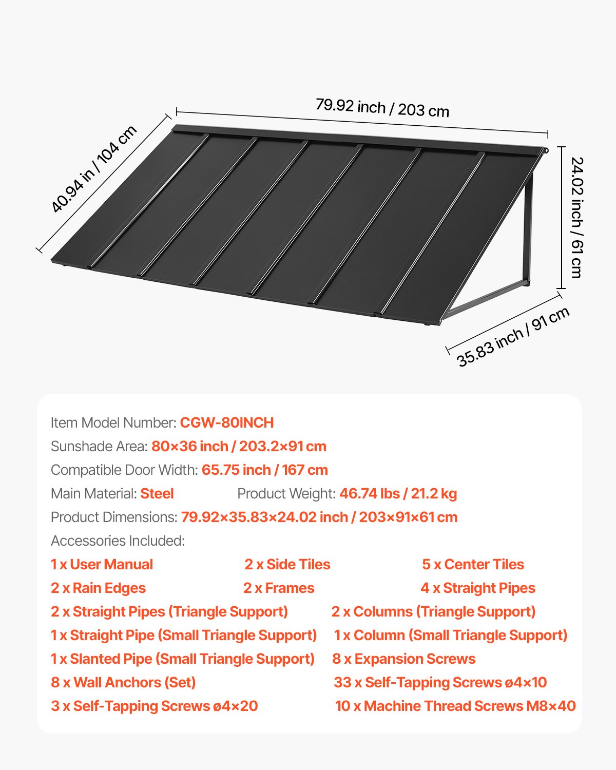 Fast metallmarkis 80 x 36 tum, fönstermarkis, dörrtak, stabil triangelformad stålram, utvändig markis, regn- och snöskydd, solljusskydd för dörringång, fönster, verandor, balkonger