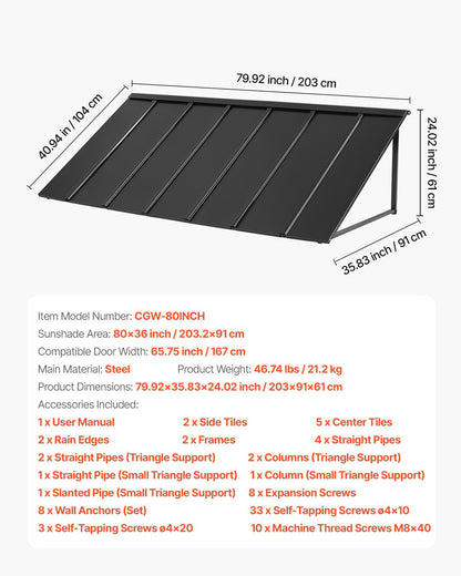 Fast metallmarkis 80 x 36 tum, fönstermarkis, dörrtak, stabil triangelformad stålram, utvändig markis, regn- och snöskydd, solljusskydd för dörringång, fönster, verandor, balkonger