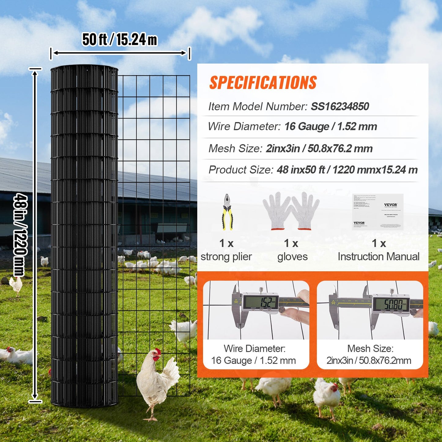 Hardware Cloth, 1220 x 15240 mm Galvanized Wire Mesh Roll, 16 Gauge Chicken Wire Fence Roll, Vinyl Coating Metal Wire Mesh for Chicken Coop Barrier, Rabbit Snake Fences, Poultry Enclosures