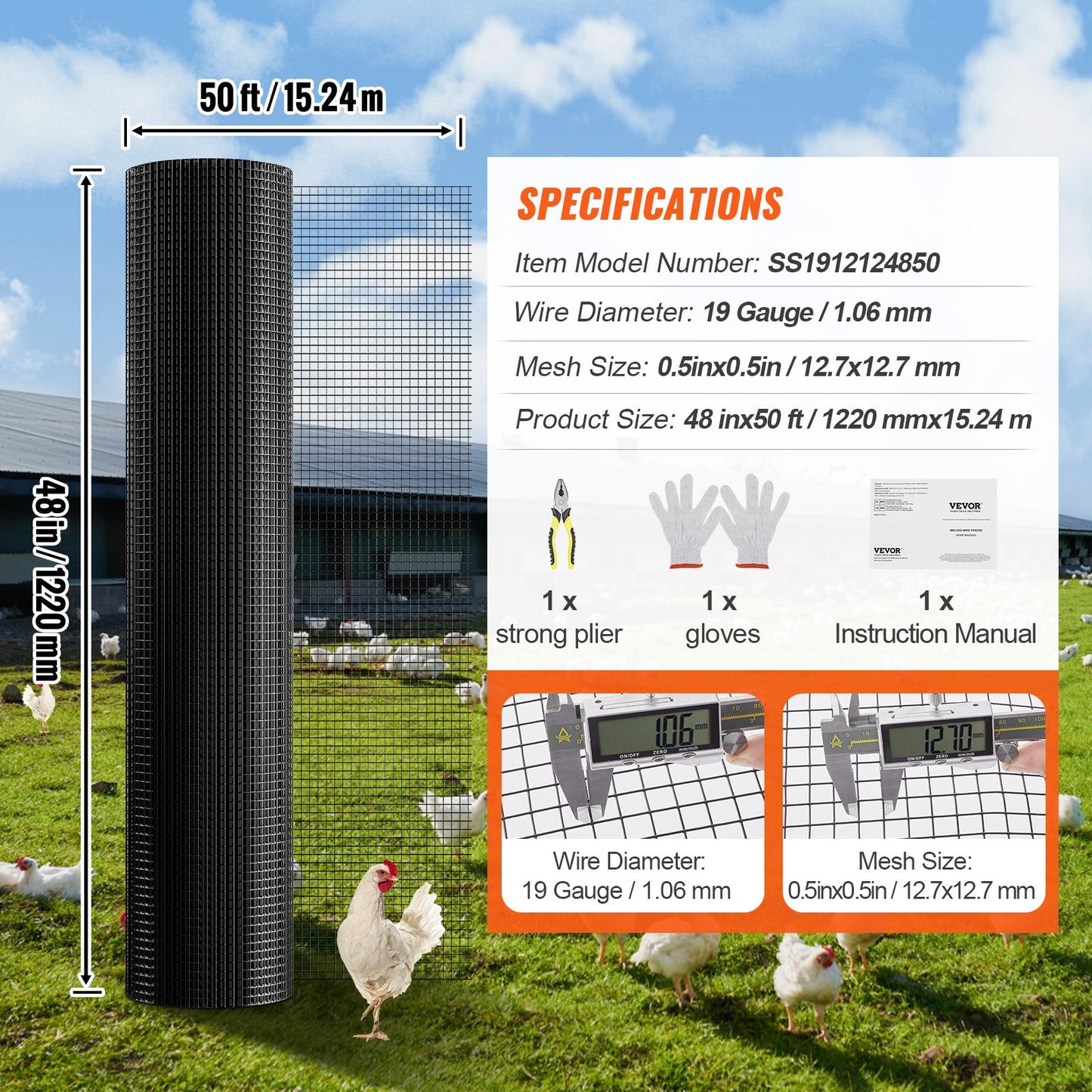 Hardware Cloth, 1220 x 15240 mm Galvanized Wire Mesh Roll, 19 Gauge Chicken Wire Fence Roll, Vinyl Coating Metal Wire Mesh for Chicken Coop Barrier, Rabbit Snake Fences, Poultry Enclosures