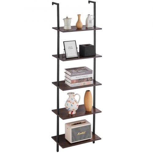 Ladder Shelf, 5-Tier Bookshelf 17.3x11.8in, Open Wall-Mounted Ladder Shelf with Metal Frame,Storage Rack Sundries Holder for Kitchen Bedroom Bathroom Living Room, Black