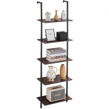 Ladder Shelf, 5-Tier Bookshelf 17.3x11.8in, Open Wall-Mounted Ladder Shelf with Metal Frame,Storage Rack Sundries Holder for Kitchen Bedroom Bathroom Living Room, Black