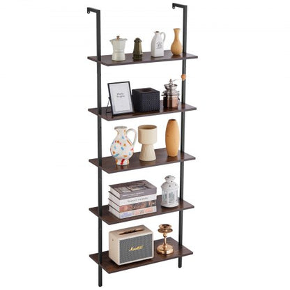 Ladder Shelf, 5-Tier Bookshelf 24x11.8in, Open Wall-Mounted Ladder Shelf with Metal Frame,Storage Rack Sundries Holder for Kitchen Bedroom Bathroom Living Room, Black
