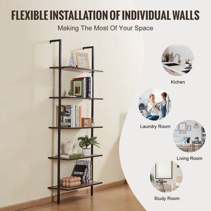 Ladder Shelf, 5-Tier Bookshelf 24x11.8in, Open Wall-Mounted Ladder Shelf with Metal Frame,Storage Rack Sundries Holder for Kitchen Bedroom Bathroom Living Room, Black