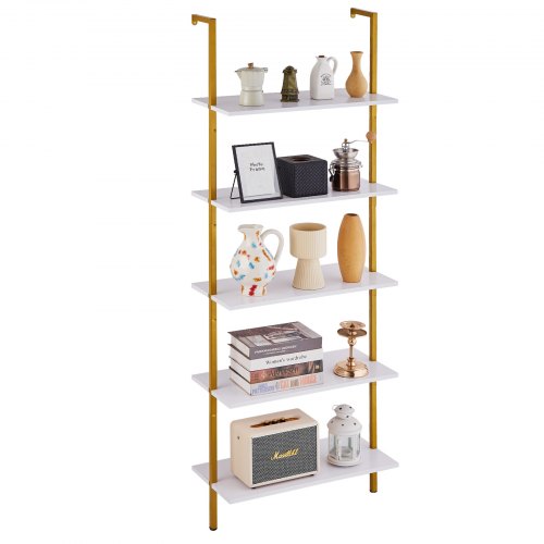 Ladder Shelf, 5-Tier Bookshelf 24x11.8in, Open Wall-Mounted Ladder Shelf with Metal Frame,Storage Rack Sundries Holder for Kitchen Bedroom Bathroom Living Room, Gold White